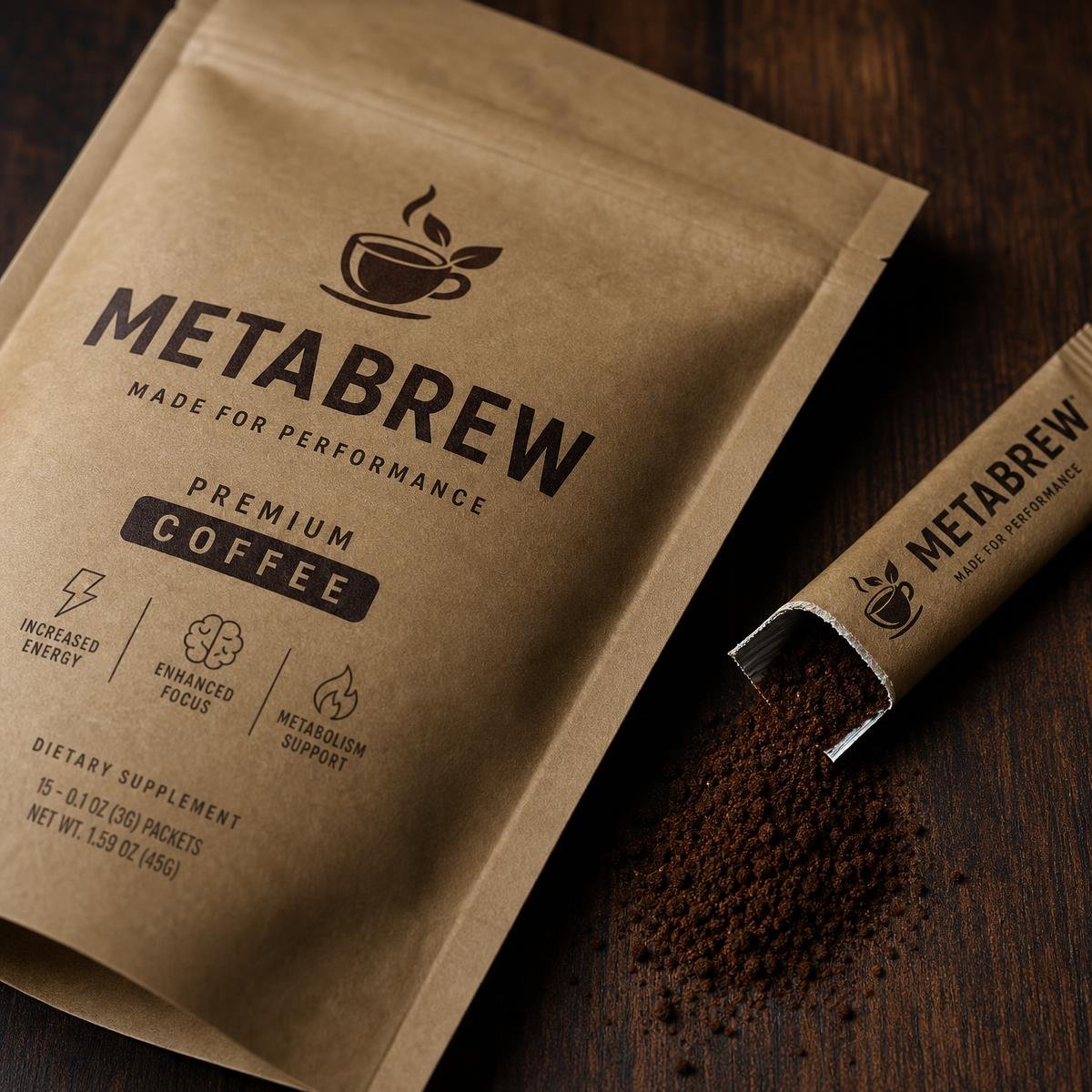 Close-up of the Metabrew pouch and an open single-serve sachet of ground coffee